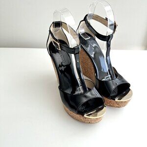 JIMMY CHOO Black Patent Leather T-Strap Platform Cork Wedge Sandals Size 38